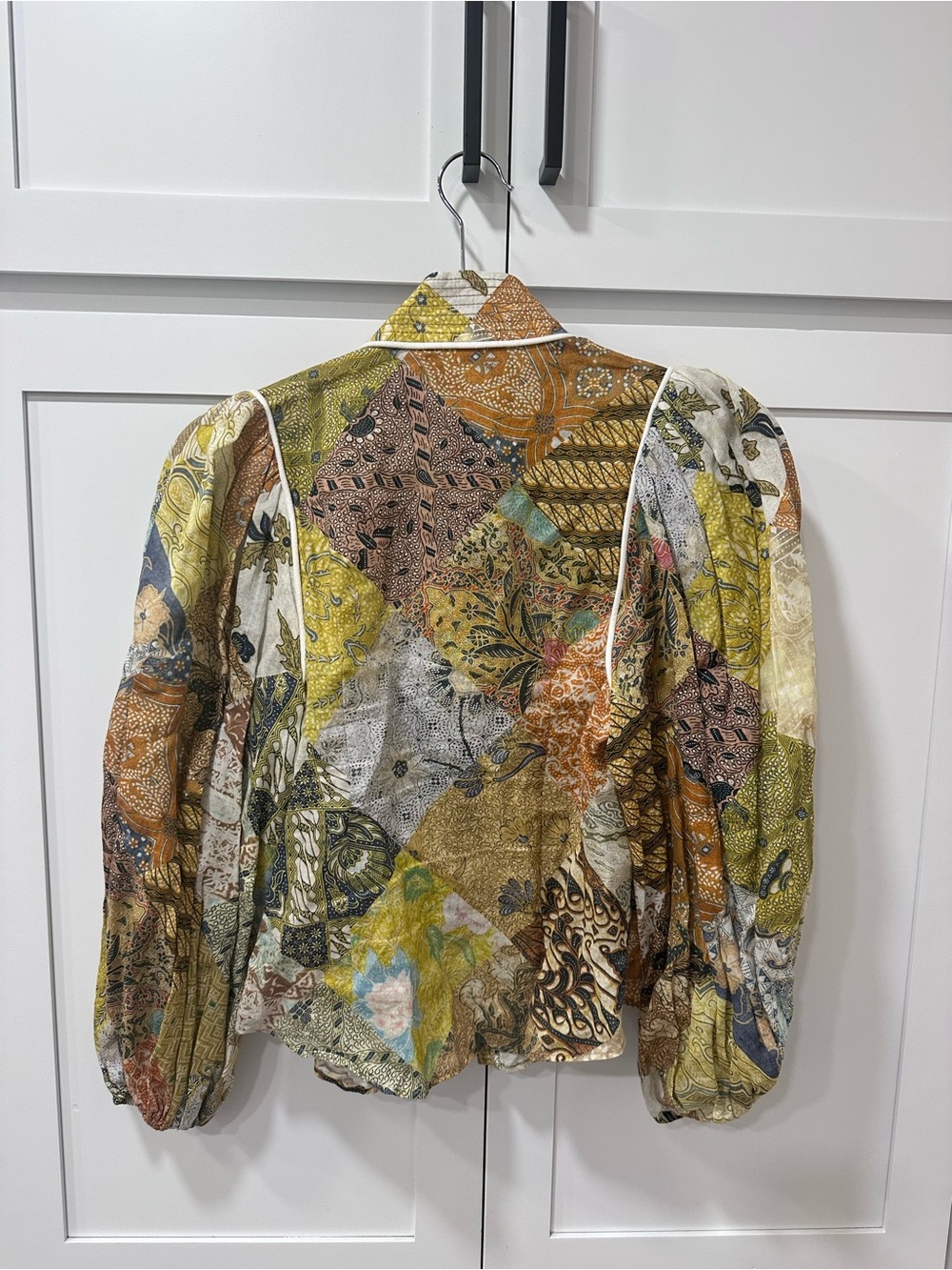 Zimmermann Multicolor Patchwork Puff-Sleeve Blouse with White Piping - Picture 2 of 2